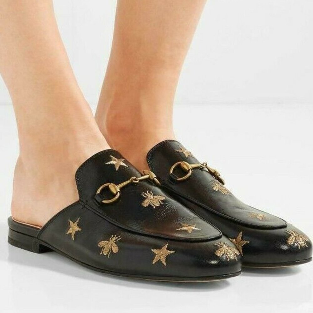 GUCCI Princetown Bee Star Embroidered Gold Mules Rare Designer Blogger Favorite